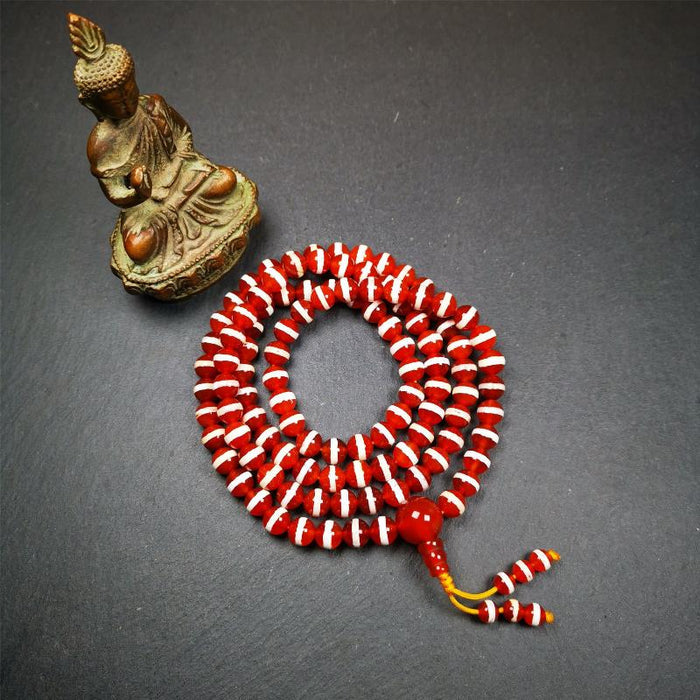 Red Agate Medicine Buddha Bhaisajyaguru Beads Mala,35" - Tibetan Buddhist mala beads, close-up detail