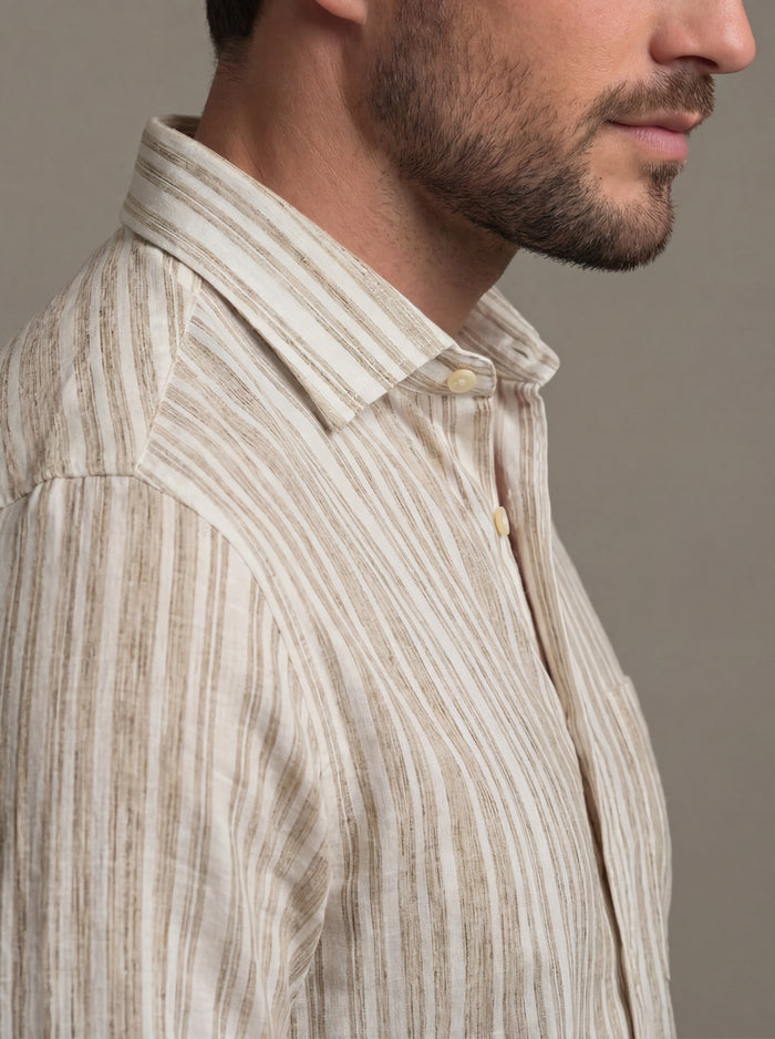 Scheffler Beige Striped Full Sleeve Tailored Fit Casual Blended Shirt