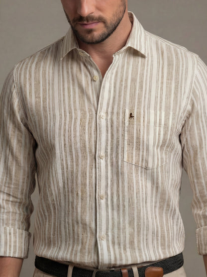 Scheffler Beige Striped Full Sleeve Tailored Fit Casual Blended Shirt