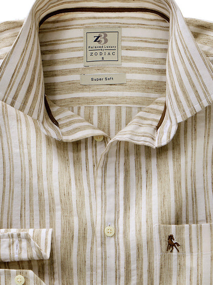 Scheffler Beige Striped Full Sleeve Tailored Fit Casual Blended Shirt