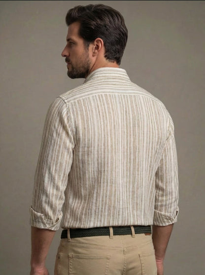 Scheffler Beige Striped Full Sleeve Tailored Fit Casual Blended Shirt
