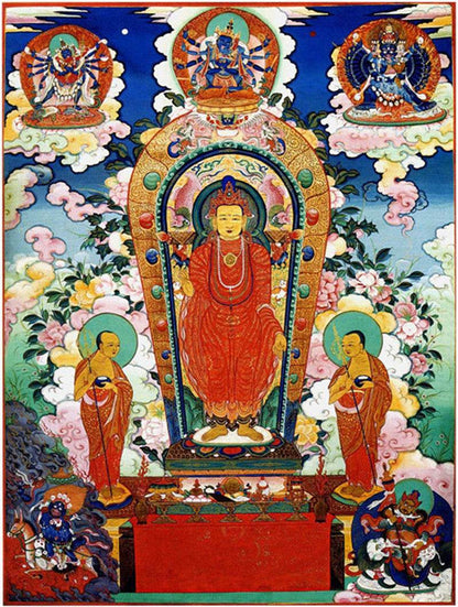 Shakyamuni Buddha: Sandalwood Buddha Image - Tibetan thangka painting, front view