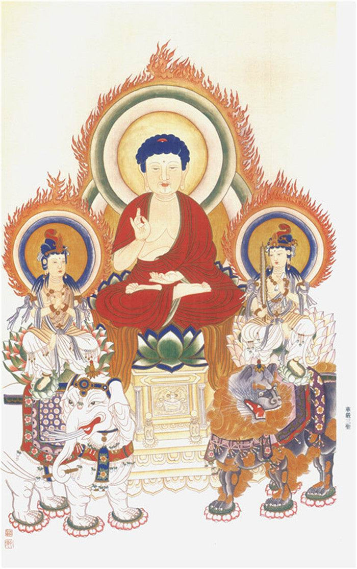 Shakyamuni,Manjusri,Samantabhadra Image - Tibetan thangka painting, front view