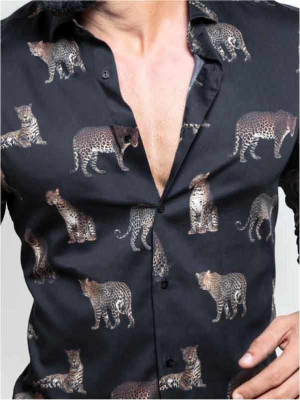 Snoop Black Printed Full Sleeve Single Cuff Slim Fit Party Wear Blended Shirt