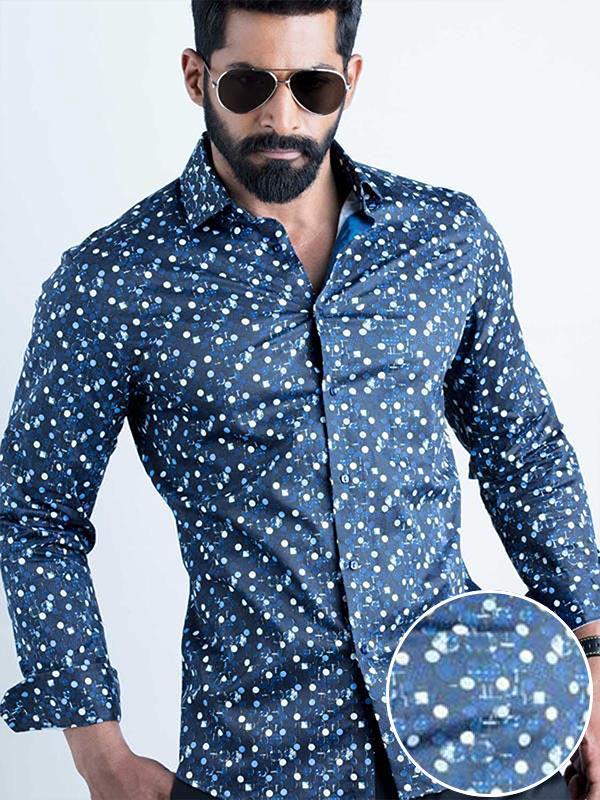 Solomon Cobalt Printed Full Sleeve Single Cuff Slim Fit Party Wear Blended Shirt