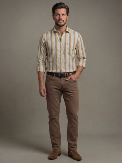 Solta Slub Yellow Striped Full Sleeve Tailored Fit Casual Cotton Shirt