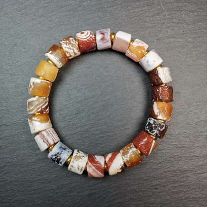 Sugar Agate Beads Wrist Mala, Unique 11mm Cylinder Carnelian Bracelet - Tibetan Buddhist mala beads, front view