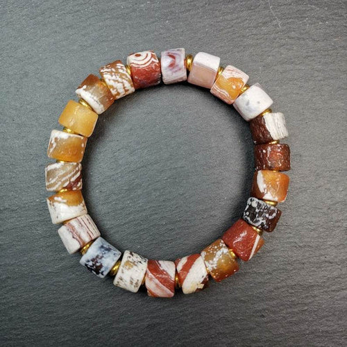 Sugar Agate Beads Wrist Mala, Unique 11mm Cylinder Carnelian Bracelet - Tibetan Buddhist mala beads, front view