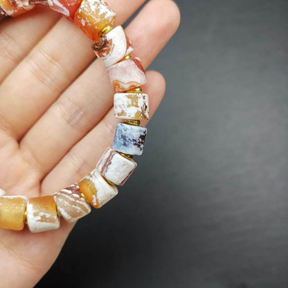 Sugar Agate Beads Wrist Mala, Unique 11mm Cylinder Carnelian Bracelet - Tibetan Buddhist mala beads, detailed view