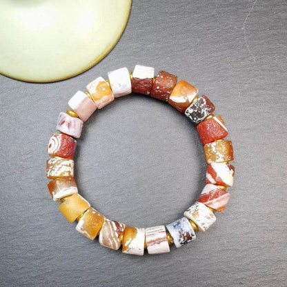 Sugar Agate Beads Wrist Mala, Unique 11mm Cylinder Carnelian Bracelet - Tibetan Buddhist mala beads, close-up detail