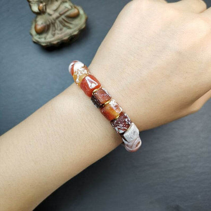 Sugar Agate Beads Wrist Mala, Unique 11mm Cylinder Carnelian Bracelet - Tibetan Buddhist mala beads, size reference