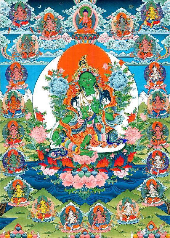 The 21 Taras - Green Tara - Tibetan thangka painting, front view