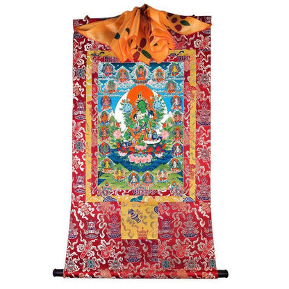 The 21 Taras - Green Tara - Tibetan thangka painting, detailed view