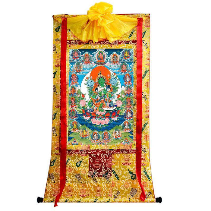 The 21 Taras - Green Tara - Tibetan thangka painting, close-up detail