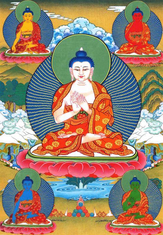 The Mandala of Five Dhyani-Buddhas of Vajradhatu - Tibetan thangka painting, front view