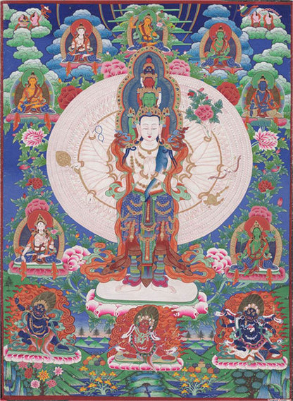 1000 Arms Avalokiteshvara Image - Tibetan thangka painting, front view