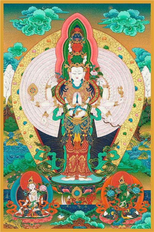1000 Arms Avalokiteshvara Image - Tibetan thangka painting, front view