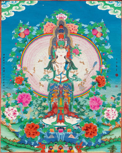 The Thousand-hand Avalokiteshvara - Tibetan thangka painting, front view