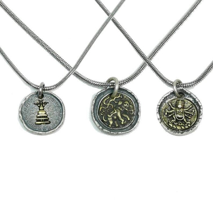 Tibetan Buddhism Lucky Charm, Silver Amulet of Mahakala,Ganesha Elephant,Stupa - Tibetan Buddhist amulet, front view