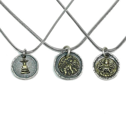 Tibetan Buddhism Lucky Charm, Silver Amulet of Mahakala,Ganesha Elephant,Stupa - Tibetan Buddhist amulet, front view
