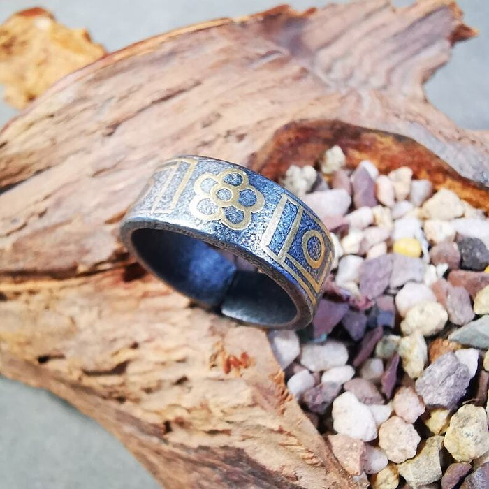 Tibetan Ring,Dzi Totem Ring 0.95" - Tibetan dzi bead, front view