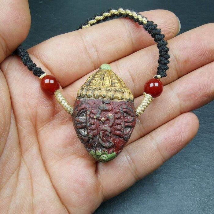 Tibetan Stupa Tsa Tsa Amulet, Double-sided Vajra and Bodhi Leaf Shape Pendant - Tibetan Buddhist amulet, view 7