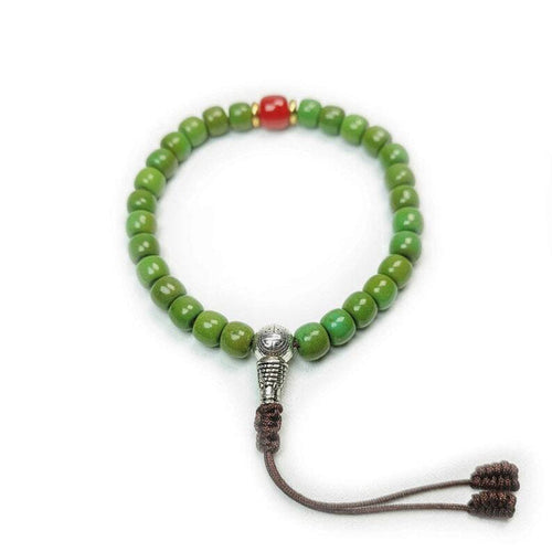 Tibetan Wrist Mala, Turquoise + Agate Beads Bracelet,Wrist Prayer Bead,9" Length - Tibetan Buddhist mala beads, front view