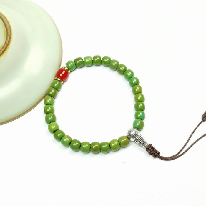 Tibetan Wrist Mala, Turquoise + Agate Beads Bracelet,Wrist Prayer Bead,9" Length - Tibetan Buddhist mala beads, detailed view