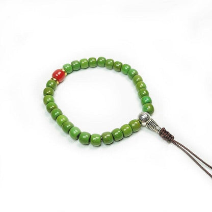 Tibetan Wrist Mala, Turquoise + Agate Beads Bracelet,Wrist Prayer Bead,9" Length - Tibetan Buddhist mala beads, close-up detail