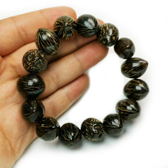 Tibetan Wrist Mala,Lucky Rat Beads,Plam Seed Bead Bracelet Prayer Bead,9" Length - Tibetan Buddhist mala beads, close-up detail
