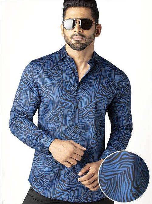Tommen Cobalt Printed Full Sleeve Single Cuff Slim Fit Party Wear Blended Shirt