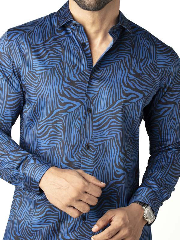 Tommen Cobalt Printed Full Sleeve Single Cuff Slim Fit Party Wear Blended Shirt