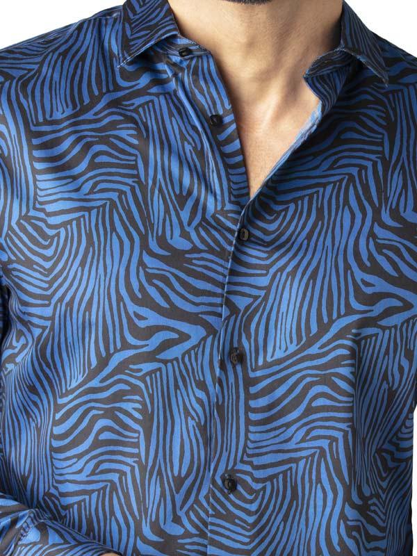 Tommen Cobalt Printed Full Sleeve Single Cuff Slim Fit Party Wear Blended Shirt