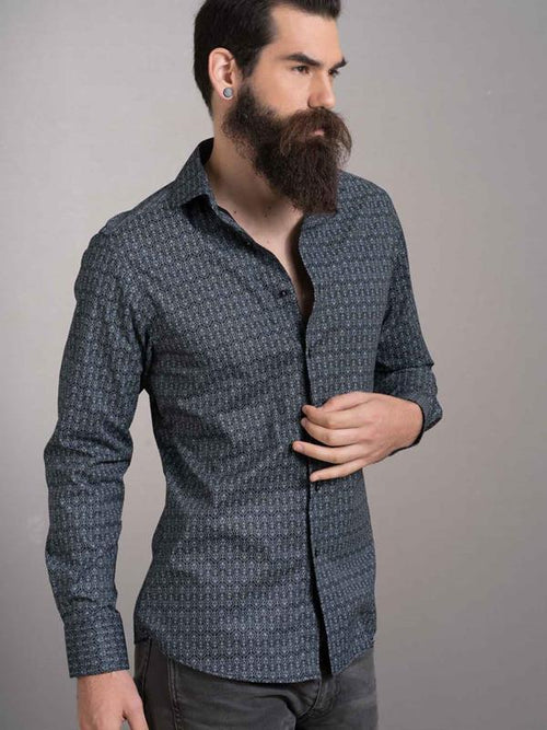 Topkapi Black Printed Full Sleeve Single Cuff Slim Fit Party Wear Blended Shirt