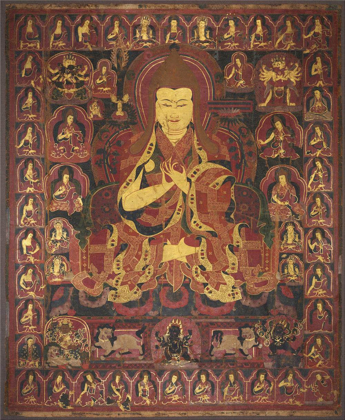 Tsongkhapa - 17th Century - Tibetan thangka painting, front view