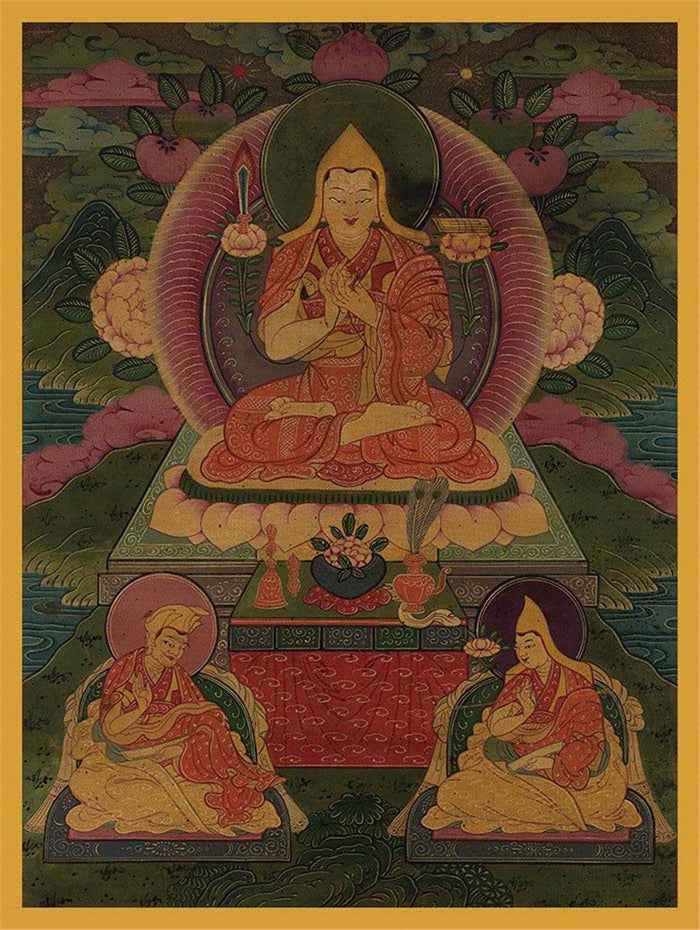 Tsongkhapa and His 2 Disciples - 17th Century - Tibetan thangka painting, front view