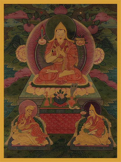 Tsongkhapa and His 2 Disciples - 17th Century - Tibetan thangka painting, front view