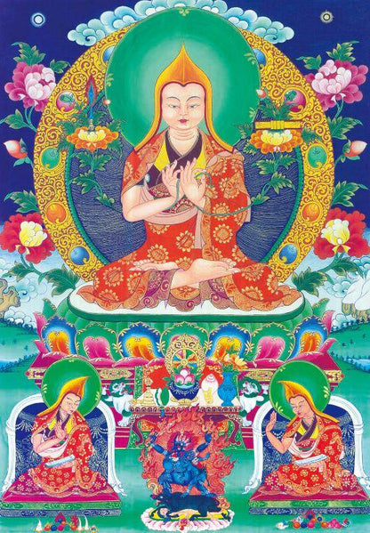 Tsongkhapa and His 2 Disciples - Tibetan thangka painting, front view