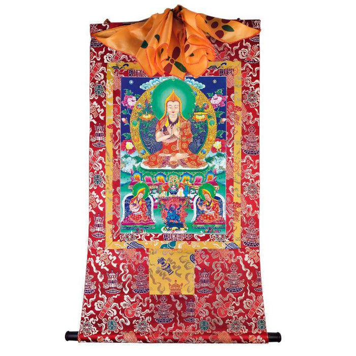 Tsongkhapa and His 2 Disciples - Tibetan thangka painting, detailed view