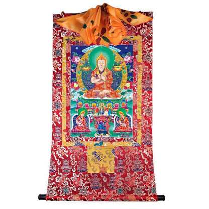 Tsongkhapa and His 2 Disciples - Tibetan thangka painting, detailed view