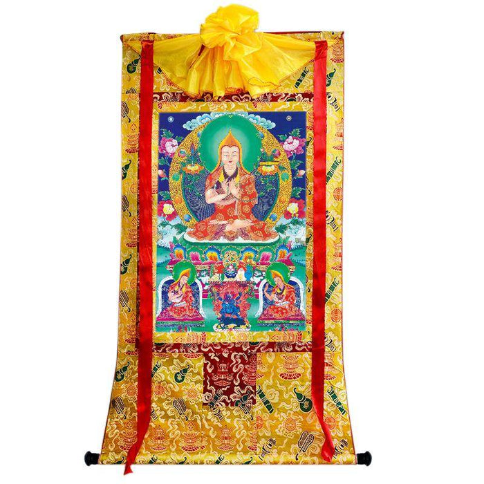 Tsongkhapa and His 2 Disciples - Tibetan thangka painting, close-up detail