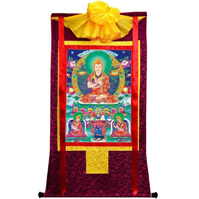 Tsongkhapa and His 2 Disciples - Tibetan thangka painting, view 5