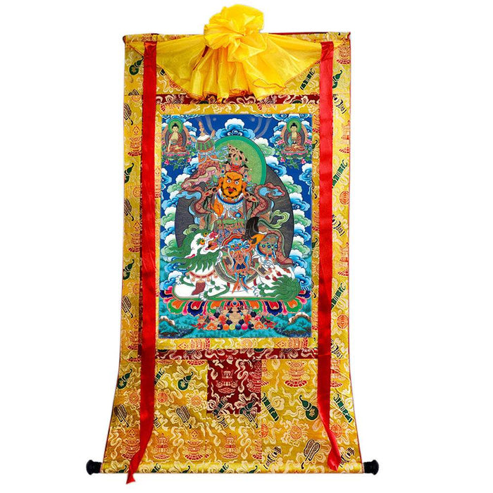 Vaishravana / Vaisravana - Tibetan thangka painting, close-up detail