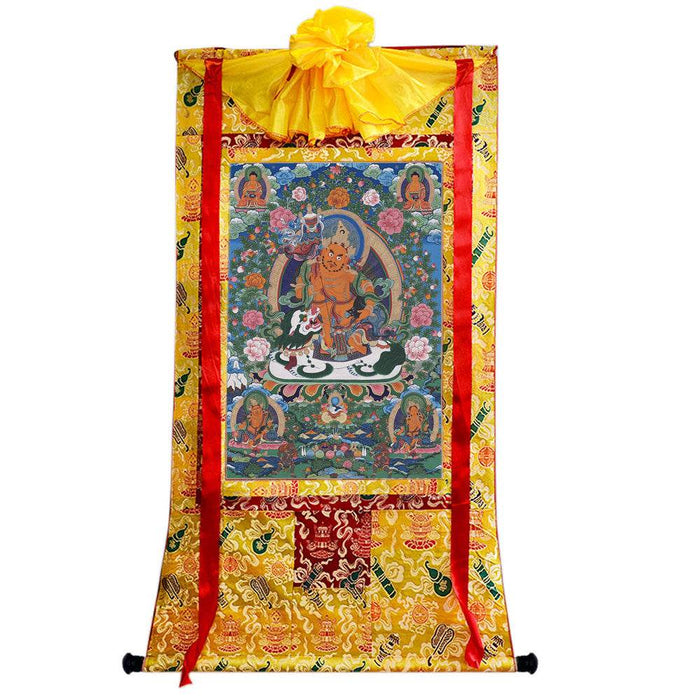 Vaishravana / Vaisravana - Tibetan thangka painting, close-up detail
