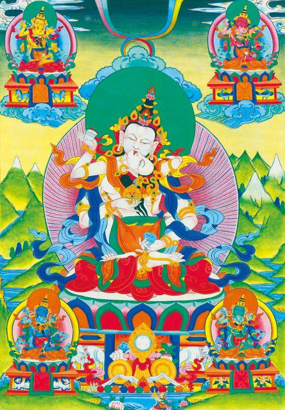 Vajrasattva in Yab Yum - Tibetan thangka painting, front view