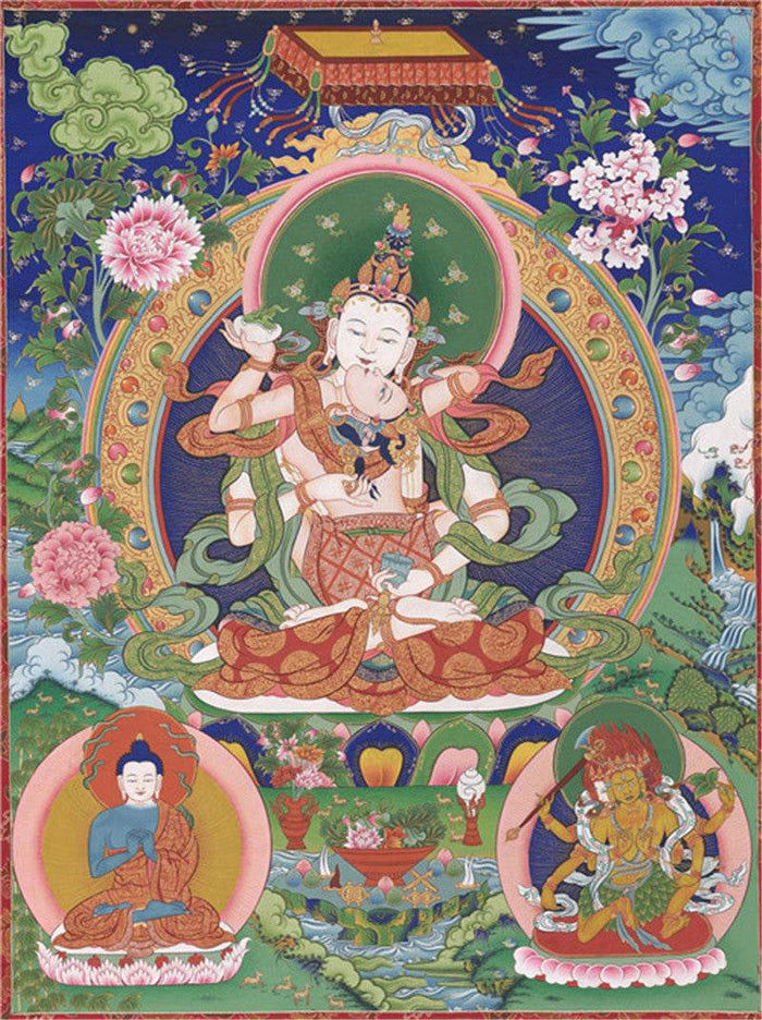 Vajrasatva in Yab Yum Image - Tibetan thangka painting, front view