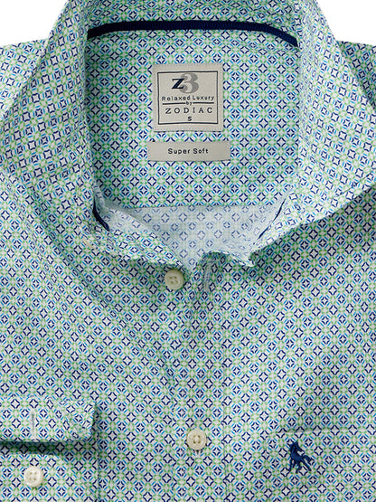 Volos Slub Green Printed Full Sleeve Tailored Fit Casual Cotton Shirt