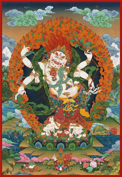 White Mahakala - 17th Century Old Version - Tibetan thangka painting, front view