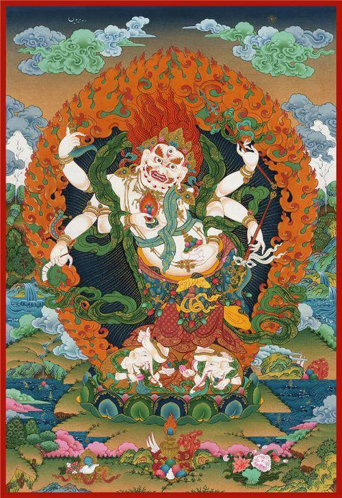 White Mahakala - 17th Century Old Version - Tibetan thangka painting, front view