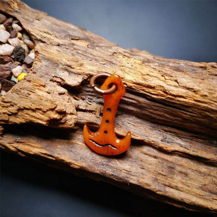 Yak Bone Carved Amulet,Anchor Pendant - Tibetan Buddhist amulet, front view